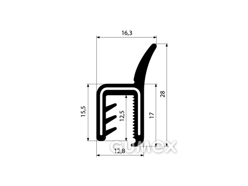 Silikónový profil U-PIRELI s kovovou výstužou so zástavkou 3785, 70°ShA, U-silikón, zástavka-silikón, -60°C/+200°C, čierny